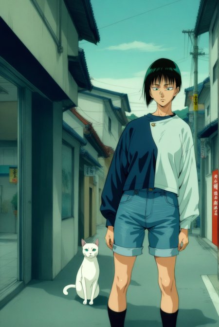 1girl, zen'in maki, jujutsu kaisen , (90s anime style:1.5), front view, outdoors, street view, (looking down:1.3), perfecteyes, shirt, denim shorts, (a single white cat sitting next to them) <lora:detailed_notrigger:1> <lora:ParchartXL_CODA:0.2> <lora:Isometric Cutaway:1> <lora:PerfectEyesXL:1> <lora:Surreal Harmony:0.2>