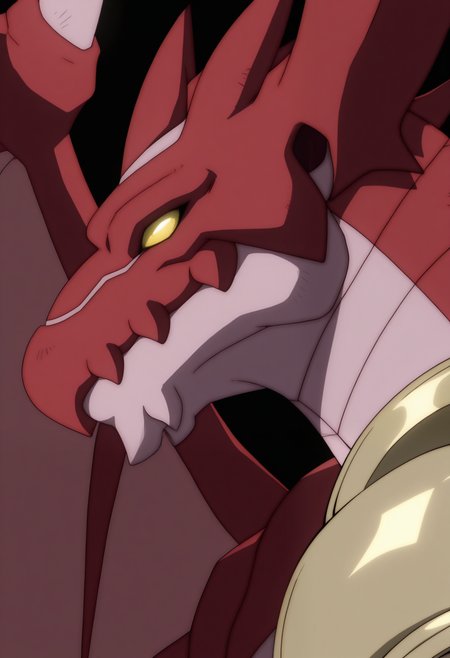 masterpiece,best quality,amazing quality, 1boy, solo, Dumj1d, dragon, red skin, colored sclera, no pupils, dragon wings, single pauldron, close up, side angle, 