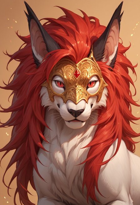 solo, score_9,score_8_up,score_7_up, solo, ((feral)), portrait, close up,  ((female)), seductive, rosard, furry dragon, white body, white lion head, golden mask on face, red eyes, black nose, black bridge of nose, ((bat black ears)), (((long ears))), ((red mane)), detailed background