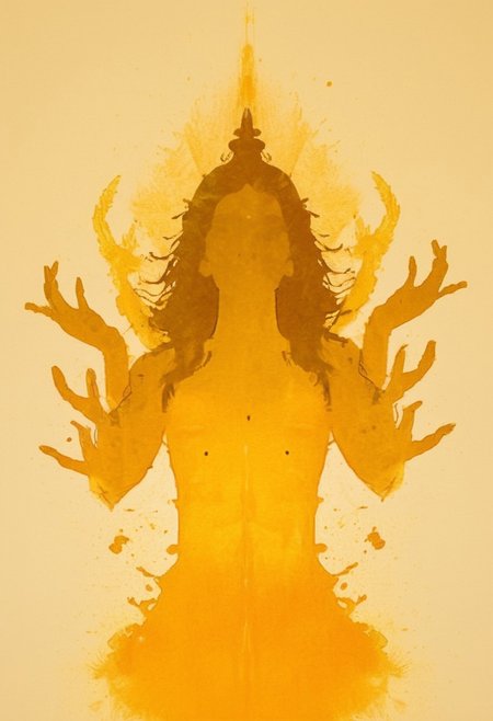 A rorschach-test resembling symmetrical goddess Shiva with four Arms and three eyes, Dancing, long hair, happy mood trigger, dark Amber and golden translucent ink splashes