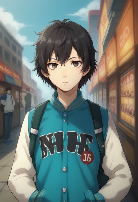 score_9, score_8_up, source_anime, highly detailed, 1boy, solo, skinny,
shinya, 1boy, solo,  jacket, black hair, hands in pockets, bag,
black eyes, short hair, backpack, upper body, letterman jacket,
looking at viewer,