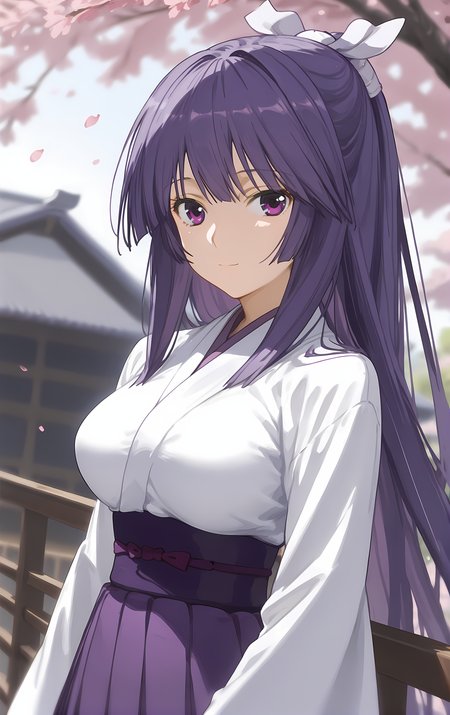 (score_9, score_8_up, score_7_up), looking at viewer, light smile, closed mouth, shiny skin, tight clothes,
ohwx, 1girl, solo, solo_focus, purple_eyes, long_hair, japanese_clothes, purple_hair, very_long_hair, breasts, ponytail, long_hair, breasts, large_breasts,
japanese_clothes, kimono, sash, kimono, skirt, hakama, hakama_skirt, purple_hakama, white_kimono,
blurry background, upper body, close-up, cowboy shot, dutch angle, against railing, hair tucking, looking at viewer, (cherry blossoms:1.1),
 <lora:miya_asama_pony_ss-000002:1>