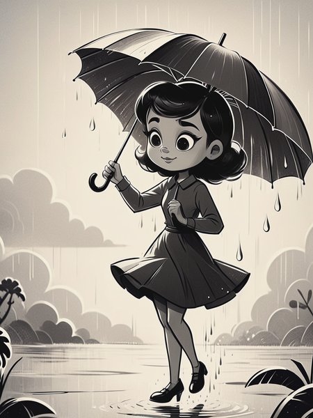 black and white vintage cartoon of girl flying on an umbrella,dynamic pose, sketch,close-up, minimalism, abstract, Doodle sketch, cute and funny, simple background, dynamic angle,water drops, clouds,  <lora:BW_Vintage_Cartoon:0.8>