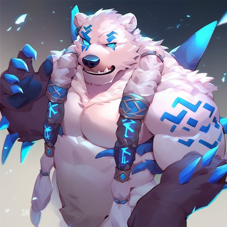 Score_9, score_8_up, score_7_up, score_6_up, solo, 1boy, Volibear, bara, blue eyes, braids, spikes