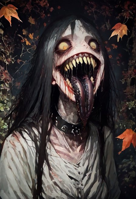 score_9, score_up_8, masterpiece, best quality, explicit, 
hasshaku-sama, mature woman, large woman, tall woman, sagging breast, enormous breast, long hair, black hair, horror (theme), collar bone, bony body, skinny, anorexic, fall season, trees, red yellow and orange leaves, falling leaves, night, garden, Expressiveh,  
 teeth, tongue, open mouth, horror, blood, stiches, scars, black tongue, very long tongue, black tears, full body