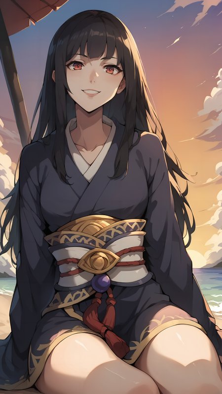 score_9,score_8_up,score_7_up,score_6_up, zPDXL, <lora:Glass - pony:0.8>, woman, pale skin, long hair, black hair, red eyes, purple kimono, <lora:Wakfu_CartoonV02:0.5>, <lora:xl_more_art-full_v1:0.5>, sitting at the beach, sunset, colorful sky, sand, shade, solo, smile, close-up,