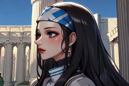 highly insanely detailed, masterpiece, top quality, best quality, highres, 4k, 8k, RAW photo, (very aesthetic, beautiful and aesthetic),  
beth_\(megami_tensei\),bethsmtii,shin megami tensei ii,long hair,black hair,straight hair,sleek black,jewelry,cross,headband,red_lipstick, 
<lora:zs_Beth:0.8>, 
(1girl:1.3), 1other, 
roman architecture background,multicolored background,âââ