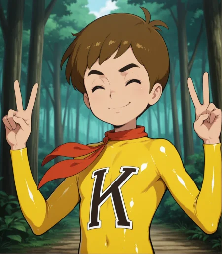 izumiken, clothing, neckerchief,best quality, absurdres, 8k,1boy, yellow clothes,yellow  bodysuit, brown hair,closed mouth,smile,eyes,upper body,solo,double v,forest, closed eyes, <lora:chargeManKen:1>