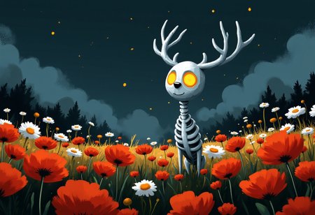A whimsical illustration of a skeletal deer with a disproportionately massive polygonal skull in dark whimsical art style, standing in a field of geometrically rendered poppies and daisies, digital painting where angular bone structures radiate warm orange light from within, misty twilight background featuring stars as precise mathematical points, characteristic Tim Burton inspired design with hollow eye sockets filled with glowing sacred geometry patterns, blending rigid polygon artistry with flowing expressive brushwork to create a haunting yet enchanting atmosphere where the boundaries between organic and geometric dissolve