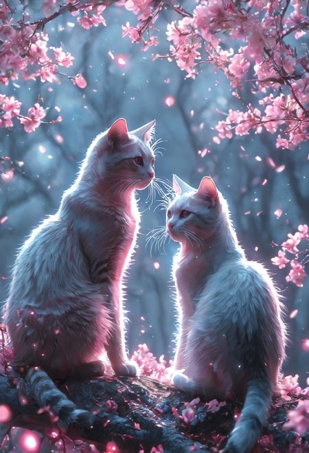 A monochromatic, black-and-white photograph of two cats sitting on a tree branch, facing each other in an intimate and harmonious pose. The left cat is black, while the right cat is white, creating a striking contrast. They are surrounded by delicate, blooming branches with small flowers, adding a serene and romantic atmosphere. The background is softly blurred, focusing the viewer's attention on the cats and their interaction. The lighting is soft, emphasizing the texture of their fur and the gentle ambiance of the scene.
<lora:Anime v1.3:1.2> <lora:Blue_Future:0.9> <lora:Ethereal Brush Anime v2.0:0.6> <lora:It's a LoRA for portraits, BUT! actually specialized in backgrounds. v1.0:0.2>,pink heart in front of them,  white sphere on the background, ethereal glowing swirls, mystical light particles, dreamy atmosphere, vibrant neon mist, twilight city street, hyper-detailed fabric texture, soft illuminated fog, cinematic soft lighting, glowing blue and magenta hues, fantasy realism, enchanted night