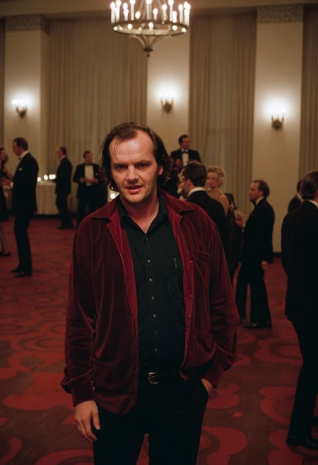 Shin1ng, Jack Torrance, man, ballroom, party, people, Overlook Hotel, indoors, (stylish grainy 35mm analog film photo)