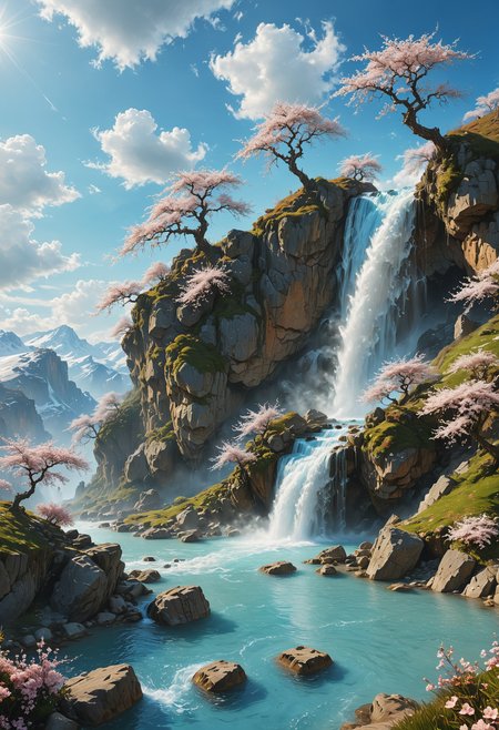 a large waterfall coming from a high cliff,  small water source, snowy plains, snow, cold landscape, cherry blossom trees, redish cliff, beautiful blue water, white grass, light blue sky, some clouds, fantasy landscape, steam, <lora:add-detail-xl:1>, <lora:MJ52:0.25>,  <lora:SDXLFaeTastic2400:0.7>,