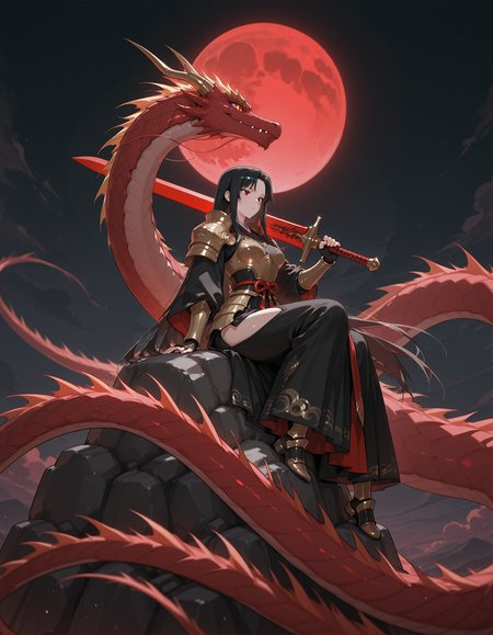 1girl, very long black hair, armored  <lora:rifle_shoulder_carry_ill_v1.0:1>, sh0uld3r_c4rry, weapon on shoulder, one arm up, hand on weapon, large vampiric sword, sitting on red dragon, red moon, night, glow, black sky, clouds