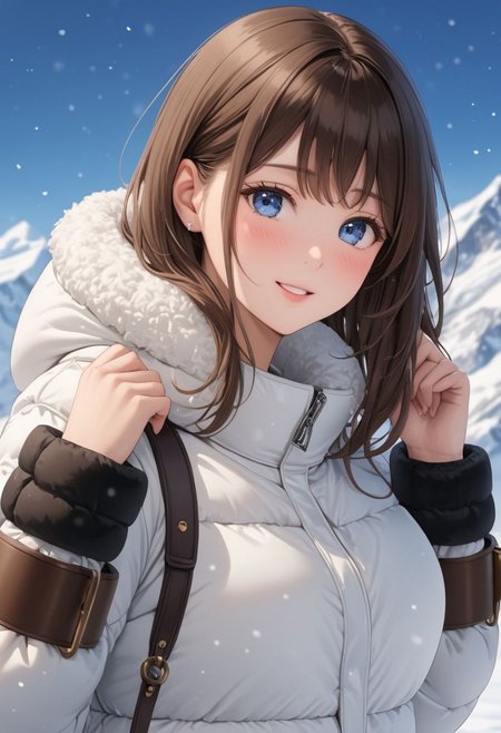 ((((white Oversized shearling down jacket)))), ((((white Oversized shearling puffer jacket)))), ((((white Oversized shearling winter clothes)))), ((((very very cold, in cold)))), ((((semi-realistic)))), ((((puffer hood)))), ((medium knee office skirt, pantyhose, boots)), ((((full body)))), ((sharp eyelid, eyeliner, eyelashes, beautiful detailed eyes, tsurime, long messy brown hair, blue eyes, perfect anatomy)), detailed fingers, solo, smile, standing, icefield, ((((masterpiece)))), ((((best quality)))), ((intricate details)), RAW, 8K UHD, (1girl), office lady, detailed face, beautiful face, charming, bonny, (((blush))), (((heavy breathing))), (((feels orgasm))), wind, (Thick padded collar:1.4), (TSH:1.4), (Thick padded cuffs:1.4)