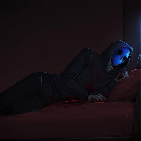 <lora:Eyeless_Jack:1> jack, hood, solo, blue mask, 1boy, male focus, grey skin, slim, blood, blood on clothes, black pants, bed, laying, masterpiece, high quality, dark bedroom background, <lora:DarkerThanBlackIllustrious:1> masterpiece \(quality\), dark, dim lighting