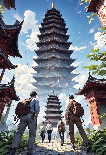 bug, sky, pagoda,temple,  torn pants, multiple boys, forehead mark, blurry, plant