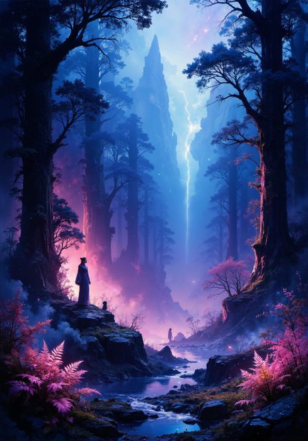 A surreal, luminescent forest rendered in intricate digital art, enveloped by neon twilight hues and swirling mist. Towering crystalline trees, iridescent rock formations, and fluorescent flora form a mesmerizing landscape accented by delicate, magical creatures. Ethereal dewdrops on bioluminescent ferns capture cosmic aurora glows, while ambient vapor and soft halo beams merge with a starlit galactic sky. Radiant gradients of magenta, cobalt, and teal intermingle with whispered atmospheric textures, crafting an enigmatic fusion of nature and futuristic surrealism. Masterpiece quality, 8k resolution, hyperrealistic detailing enhance every enigmatic facet of this fantastical realm. <lora:é£æ ¼å-è¶ç°å®:0.1> <lora:artisketchyfs-v02:0.5> <lora:flux_hyperkraximalism-balanced:0.3> <lora:Synesthesia:0.8> <lora:ck-charcoal-drawing-000014:0.7> <lora:flux_dev:1>