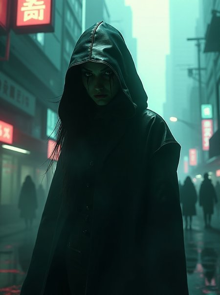 "In the dystopian cityscape of cyberpunk, a mysterious woman figure shrouded in shadows stands, exuding an air of annoyance. The dusky fade adds an enigmatic touch to the scene as the character . style by Sci-fi movie