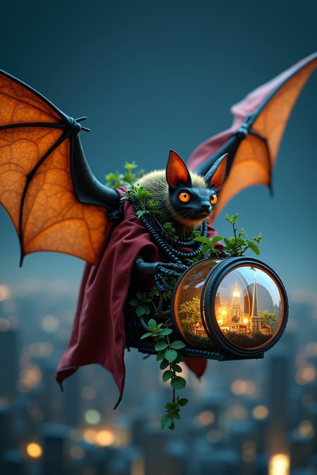 national geographic photography of bat that is flying in the night sky with red clousd, he transport a terrarium with a miniture city on his back, realistic, mechanical vegetal cyborg, futuristic robot organisms, steampunk robot bat, steampunk animal