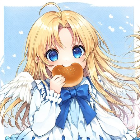 score_9, score_8_up, score_8, score_7_up, 
1girl, solo, AEFilo, blue eyes, blonde hair, ahoge, long hair, white wings, blue bowtie, white dress, frilled dress, frilled sleeves, long sleeves, barefoot, polka dots background, smile, eating, bread, loaf, eating, close shot, cute girl, looking at viewer,
cute, kawaii, hearts,