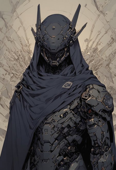 score_9,score_8_up,score_7_up, zPDXL, solo, 1boy, upper body, male focus, armor, no humans, glowing, helmet, robot, mecha, cloak, science fiction, cyborg, mechanical parts, humanoid robot
<lora:BioPunky:0.5> <lora:ikemenboys:0.2>  <lora:Expressive_H:0.2> <lora:Sinozick_Style_XL_Pony:0.2>   <lora:MUMU-000013:0.9>