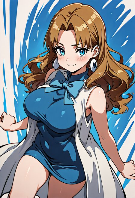 masterpiece, best quality, solo, curvy, beautiful eyes, narrow waist, wide hips, 1girl, solo, smile, looking at viewer, dynamic angle, foreshortening, close up,    zzMolly, molly hale, blue eyes, brown hair, parted bangs, long hair, blue dress, jewelry, earrings, blue bowtie, sleeveless, blue bow, white coat, abstract blue crystal background,    ,<lora:MollyHalePokemonIXL:1.0>, <lora:ZankuroStyle_NAI:0.7>,  seated on floor, legs to side, shy smile,  looking at viewer,