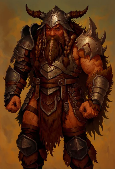masterpiece, best quality, newest, absurdres, highres, 
D3-ART-V1.0, 
1boy, dwarf, beard, armor, brown hair, brown eyes, beard, long beard, braid, braided beard, armor, scar, scar on face, helmet, fake horns, horned helmet,