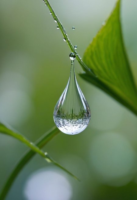 In this scene, the center of the image is focused on a needle tip, below which hangs a drop of water that is about to drip. The position of the water droplet is exactly below the tip of the needle, and the distance between the two is just right, forming a tense and delicate balance. The water droplet itself presents a full and transparent form, and its surface reflects the surrounding light, forming a faint halo. The needle tip is sharp and small, forming a sharp contrast with the roundness of water droplets. The background of the picture may be stationary or moving slowly to highlight the two main elements of water droplets and the needle tip. The light shines from one side, making the edges of the water droplet and the needle appear clear and sharp. When the water droplet begins to slowly deform and is about to pass through the needle eye, the focus in the picture will further focus on the contact point between the water droplet and the needle tip. At this moment, the entire scene seemed to come to a standstill, with only water droplets slowly and silently passing through the needle's eye, hanging waterdrop, needle tip, light refraction, spectrum, tension, accumulation, critical state, gentle magic, inward indentation, water curtain, fine stream, surrounding light, brighter, tiny beams, dancing, nature's spirit, witness, heart-touching, hidden beauty, life's wonders, (masterpiece, best quality:1.2),extremly detailed, 8K