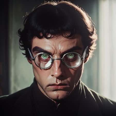 Score_9, score_8_up, score_7_up, score_6_up, BREAK <lora:70sHorrorMovie2Pony:1> ArsMovieStill, movie still from a 1970s horror movie, The image is a close-up portrait of a man's face. He is wearing round silver-framed glasses with green lenses. His eyes are wide open and his eyebrows are furrowed. He has a serious expression on his face and his mouth is slightly open as if he is looking directly at the camera. The background is dark and out of focus making the man's eyes the focal point of the image. The lighting is dim creating a dramatic and eerie atmosphere., solo, 1boy, male focus, glasses, portrait, close-up, looking at viewer, realistic, black hair, eye focus