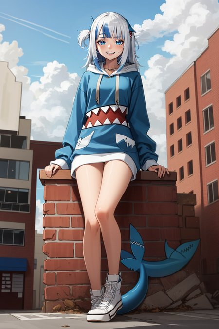 best quality, intricate details, full body, standing, cute pose, smirking, evil look,  

1girl, white hair, blue eyes, sharp eyes,messy hair, blue highlights, sharp teeth, 

blue hoodie, shark teeth design, bare legs, hair ornament, gawr gura, shark girl, shark tail, shark print, blue hoodie, sharp teeth, shark hair ornament,  <lora:gawrGuraHololive_v3:0.8>    <lora:giantessConcept_15:0.8> GTS, Looming, Sitting on building,