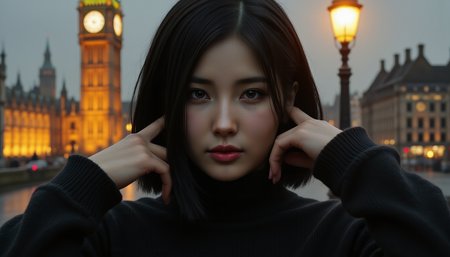 hyper-realisitic, hyper-detailed, detailed clothing, detailed foreground, realistic shadow,  RAW photo,  realistic lighting, woman, aidmaponystyle, midjourney_whisper_innocent_eyes, busty
In the golden hush of a storm-lit night, a asian woman stands alone beneath the shadow of London’s cityscape, her frame caught in a moment of beautiful collapse. Her head tilts slightly forward, chin angled down, yet her eyes are locked on some invisible point ahead — wide, shimmering with tears that don’t fall, suspended instead in a gaze that refuses to blink. Her lips are slightly parted, trembling with a tension that threatens to unravel every nerve beneath her skin, and her breathing seems barely contained. Her hands press against either side of her head, fingers tangled in her wind-blown black hair as though trying to hold her mind from fracturing under the weight of it all. The fabric of her black turtleneck bunches near her wrists, drawing the eye toward the trembling of her arms, the strain in her pose. Light from a nearby streetlamp casts a golden glow across one side of her face, highlighting the trail of a single tear that has dared to escape. Her cheekbones catch the light like glass, her skin pale and flushed from the inside out. Behind her, the world is blurred in grayscale — only Big Ben’s golden glow remains distinct, an anchor in the midst of an emotional maelstrom. This is not the dramatic outburst of heartbreak, but something more intimate: the internal fracture of a girl who has held it together for far too long. Her pose — hands to head, lips trembling, eyes locked but teetering — tells a story that needs no words. She is raw, vulnerable, and stunning in her unraveling. A portrait of emotional realism wrapped in cinematic beauty, where the moment before the fall is captured forever.
 <lora:midjourney_whisper_innocent_eyes_v01:0.7000000000000001> <lora:bustyFC-2.1:0.3> <lora:MoriiMee_Gothic_Niji_Style_FLUX:0.3>