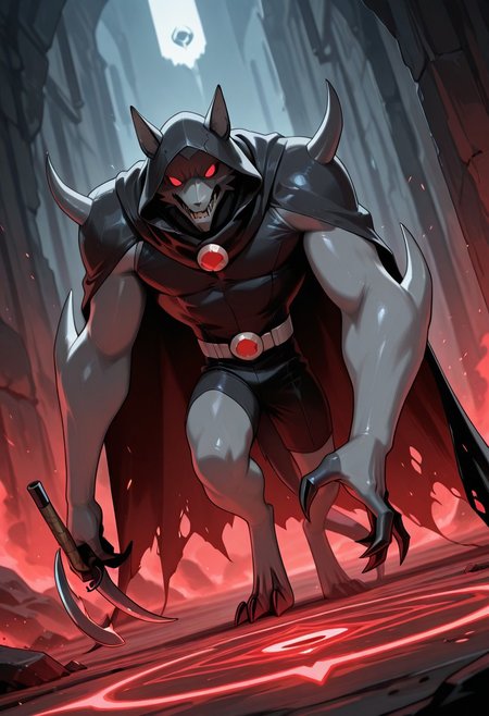 <lora:blitzwolfer-07:1> blitzwolfer, solo, 1boy, no humans, monster, pokemon (creature), red eyes, white fur,  cloaked, black cloak, holding sickles, , black claws, , sharp teeth, masterpiece, best quality, amazing quality, very aesthetic, absurdres, newest,,  massive arms, spikes on shoulder and elbows, wearing torn black cloak, torn cloak, black scarf, sickle in hand, black long sleeves, loose, sleeves, hood up, travelers cloak, cult, reaching out, dutch angle,