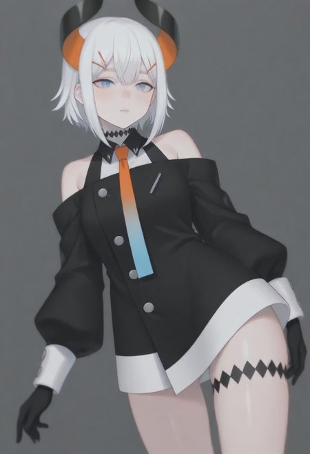 masterpiece, best quality, amazing quality,,, shiny skin,,,,,,,,nijilevi,,blue eyes,white hair,horn,pail skin,short hair,hairclip,nijilevicos,collared shirt,bare shoulder,gradient necktie,puffy long sleeves,white cuffs,black gloves,single thigh strap,
