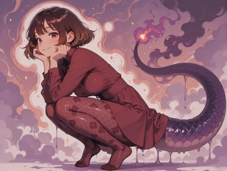 masterpiece,best quality,amazing quality, (solo:1.4), concept art, digital artwork, illustrative, 
1girl,   reddish-brown hair,  dark Red eyes,    medium breasts,  patterned pantyhose, short hair, vibrant Purple scales, unusual tail, smoke tail, , very thick tail,      , playful expression,
squatting,   low view,  (solo:1.2), character focus, full body, 
  cut-out dress,   
abstract, surreal,     
 <lora:anime_screencap-IllustriousV2:0.8>  <lora:Wonderkind_V2:0.4> wk-illu <lora:unfazed mixed gothic IL v2.0:0.6> <lora:rimixO:0.4>
