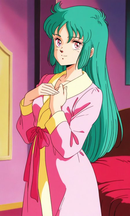 general,highres, ultra-detailed,very aesthetic,best quality ,best hands, BREAK <lora:Ciela_Lapana_gown_IS:0.8>
Ciela_Lapana(gown), 1girl, solo,  long hair, green hair, pink eyes, bangs, medium breasts, pink and Yellow gown, robe, smile, 
pajamas, indoors,  cowboy Shot,
hands on own chest,
long sleeves, retro artstyle, 1980s (style), anime coloring,