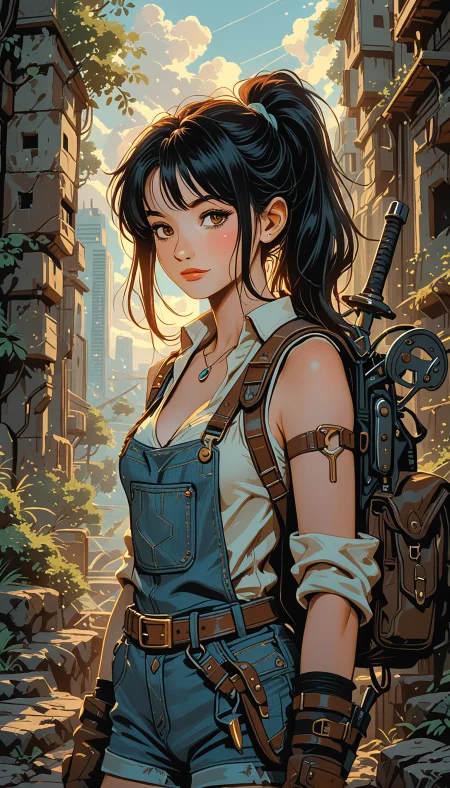 masterpiece, Shinkaistyle,
pinkretroanime, retro art,
Cyberpunk Style, cyberpunk, science fiction, hi tech, future tech, neon, (Cybernetics:1.25), (Neon Cityscape:1.4), (lineless:1.5), smooth edges, (lighten the face:1.5), tall body, slender body, fit body, long legs, In the image, there's a young female adventurer standing amidst a dense jungle. She's donned in a sturdy leather outfit and a light blue tank top, a practical choice for her journey. A pair of high boots securely fasten around her calves, ready to traverse the rugged terrain beneath her feet. She's equipped with a trusty crossbow strapped to her back, hinting at her readiness for potential threats in the wilderness. Around her waist, she wears a belt holding various pouches and tools, indicating her preparedness for survival. The adventurer is standing confidently against a rock wall, leaning slightly forward with her hands resting on her hips. Her expression is one of focused determination, eyes scanning the jungle ahead as if planning her next move. The background reveals a lush and dense jungle filled with towering trees and vegetation, creating a sense of depth and vastness around her. The color palette of the scene is dominated by shades of green, brown, and gray, typical of a natural outdoor setting. The lighting in the image suggests it's either dawn or dusk, given the soft glow that seems to be diffused throughout the jungle. The character is the central focus of this image, exuding an air of independence and self-reliance. Her position against the rock wall gives a sense of being in the midst of exploration or perhaps taking a moment to assess her surroundings before continuing on her quest., 1girl, solo, long hair, breasts, looking at viewer, blush, smile, bangs, shirt, black hair, hair ornament, thighhighs, gloves, cleavage, bare shoulders, brown eyes, jewelry, medium breasts, closed mouth, green eyes, standing, collarbone, white shirt, ponytail, weapon, sidelocks, small breasts, outdoors, detached sleeves, sky, shorts, sleeveless, day, black gloves, collared shirt, belt, sword, cloud, fingerless gloves, necklace, bag, tree, blue sky, lips, short shorts, dress shirt, sleeveless shirt, makeup, thigh strap, sunlight, scrunchie, backpack, suspenders, cloudy sky, high ponytail, knife, plant, denim, wing collar, lipstick, building, sheath, scenery, armband, buckle, brown gloves, pendant, sleeves rolled up, blue shorts, denim shorts, pouch, sheathed, rock, belt buckle, fantasy, arms at sides, red lips, brown belt, overalls, arm strap, ruins, weapon on back, arm belt, brown bag, moss, overgrown, naked overalls, overall shorts