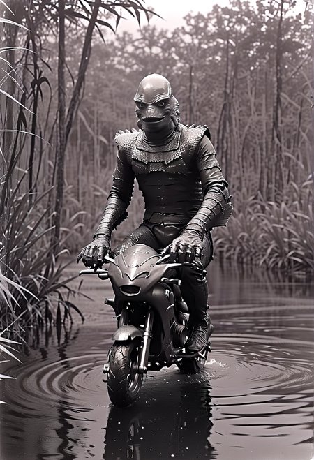 film noir style (Gill_man:1.15) riding a pocketbike ps50,(charming light:1.15),in a swamp,Retro Look,, . monochrome, high contrast, dramatic shadows, 1940s style, mysterious, cinematic