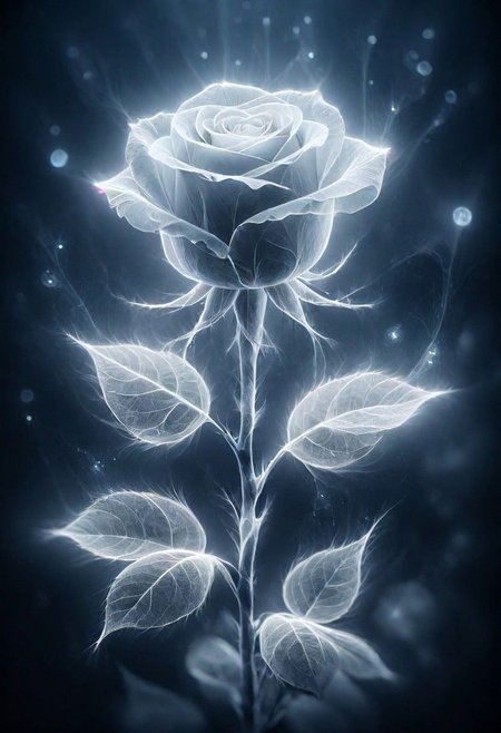 ais-ghostly single rose in the style of an X-ray, on a dark bokeh background