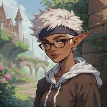 score_9, score_8_up, score_7_up, elf, pointed ears, casual clothing, hoodie, solo, dark skin, white hair, medium breasts, brown eyebrows, freckles, big lips, glasses, headband, makeup, castle garden, flirty face and body language, tomboy