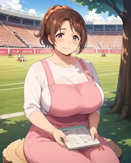 score_9, score_8_up, score_7_up, score_6_up, source_anime, ah1, looking at viewer, 1girl, ponytail, blush, shirt, scrunchie, short hair, white shirt, hair scrunchie, hair ornament, breasts, large breasts, indoors, mature female , <lora:AnnaBuddy:0.8> AnnaHanyu, plump,  gentle smile, huge breasts, brown hair, brown eyes, pink apron, (arena), (Sitting on a tree stump, holding a journal, expressing a moment of creativity and reflection,),