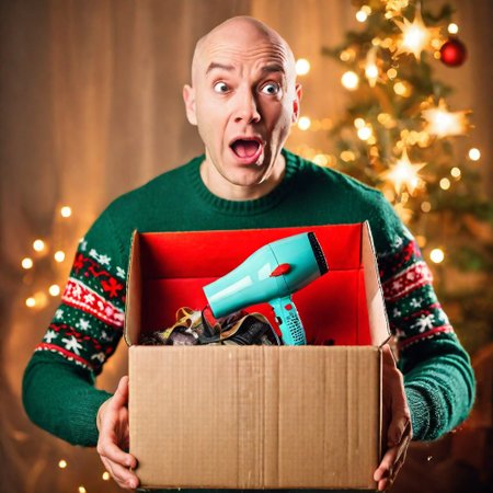 christmas backround,fairy lights,a photo of a man with bald wearing an ugly Christmas sweater and receiving an (open box that says "hairdryer":1.5) with a (hairdryer inside:1),very (sad),desperate,crying,Christmas backround,fairy lights,(ripped gift paper:1),gifts,hyperdetailed photography,head and shoulders portrait,perfect lighting,lifelike,<lora:add-detail-xl:0.8>,perfect face,
