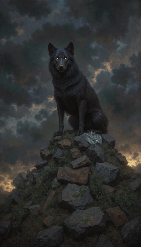 GLOW,intricate tetradic colors in every details,FLUORESCENT,asian woman, A hyperrealistic painting of a jet black wolf, sitting atop a cairn of rough-hewn stones draped in ethereal white cloth. The wolf's gaze, piercing and luminescent,  meets the viewer's with an air of imperiousness.  Emphasize the chiaroscuro, the play of light and shadow,  with a tenebrist approach. The background, a liminal space of swirling storm clouds pierced by a sliver of golden light on the horizon, should evoke a sense of foreboding and otherworldly grandeur. Focus on the  wolf's presence, a being of both darkness and light.