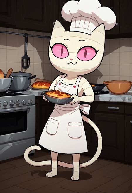 score_9, score_8_up, score_8,    <lora:Me-Mow_Adventure_Time_for_PonyXL:0.8> 1girl, cat girl, mem0w, wrappings, tail, pink eyes, kitchen, apron, chef hat, cooking