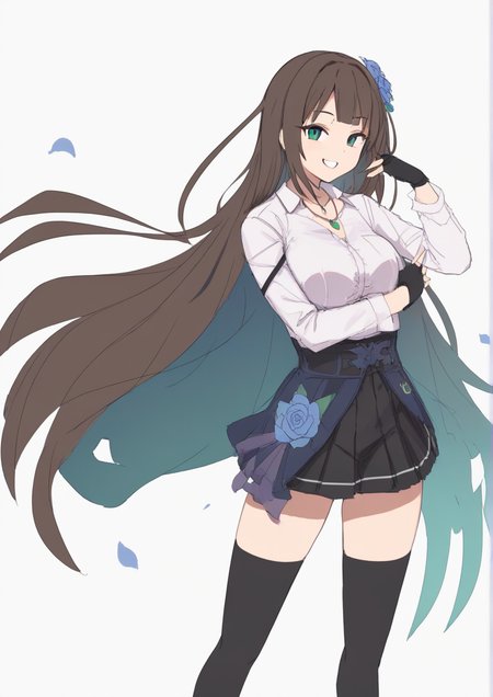 1girl, shibuya rin, kodoto, black gloves, black thighhighs, blue flower, blue rose, brown hair, clock, cowboy shot, dress shirt, fingerless gloves, floating hair, flower, gloves, green eyes, hair ornament, jewelry, lens flare, long hair, looking at viewer, miniskirt, necklace, next frontier (idolmaster), petals, rose, shirt, skirt, smile, solo, standing, thighhighs, white shirt,  <lora:GYA_RB:1>