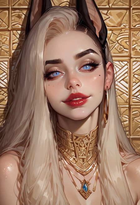 score_9, score_8_up, score_7_up, extremely detailed, sharp focus, HD, 1girl, (solo), ((white skin)), Mature Woman, fit body, big pleading eyes, pursed lips, parted lips, puckered lips, ((Long Hair, straight Hair, Side Cut, Hair falling down straight)), ((gold Hair)), Blue eyes, ((inside, Pyramids, Stone wall, Detailed Background)), sun shining through window, Standing, gold eye shadow, red lipstick, Slutty, sexy, smug, Very seductive, goddess, ((Big jackal ears, black jackal ears)), Sharp teeth, slit pupils, (gold necklace, gold collar), Big golden hoop earrings, smug, sweating, close up, face close up,