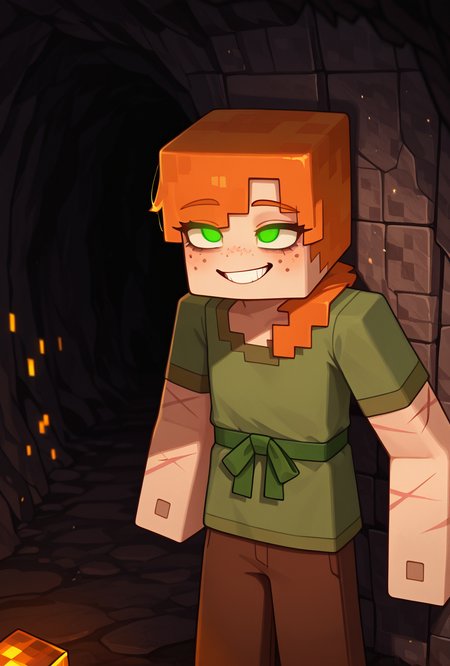 <lora:alexmc-05:1> alexmc, orange hair, 1girl, solo, green eyes, long green shirt, brown pants, short sleeves, freckles, square arms, square body, green waist ribbon,  minecraft world, inside a cave, glowing eyes, no pupils, crystal coming out of walls, cubes, evil grin, dark scene, no light, scars, injury, masterpiece, best quality, amazing quality, very aesthetic, absurdres, newest,