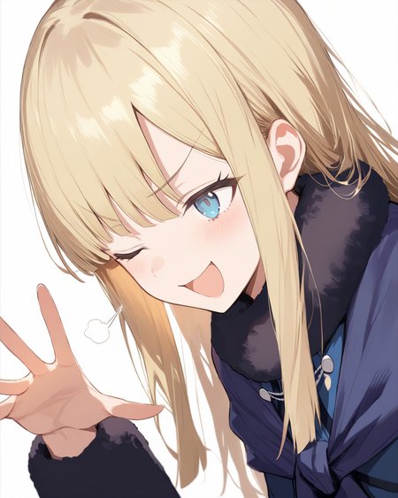 1girl,
ReinesElMelloiArchisorteFateGrandOrder,
safe, solo, dutch angle, upper body,
long hair, blonde hair,
v-shaped eyebrows, blue eyes, one eye closed, smile, open mouth,
sigh,
fur collar, blue capelet,
hand up, open hand,
blue jacket, breast,
long sleeves, fur-trimmed sleeves,
blue dress,
simple background, white background,
depth of field,
<lora:kp_ReinesElMelloiArchisorteFateGrandAnimagineXL_v1_0:1.0>,
masterpiece, high score, great score, absurdres