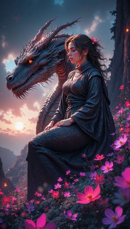 mythp0rt,Midjourney_Whisper, A young woman with an ethereal, otherworldly beauty, adorned in shimmering, iridescent robes, sits upon a colossal, bioluminescent dragon, its scales shimmering with an ethereal glow.  The scene is bathed in the warm, effulgent light of a setting sun, casting long shadows across a field of vibrant, phosphorescent flowers. The woman's gaze is directed towards the heavens, a visage of serenity and awe. Employ a low camera angle to accentuate the imposing stature of the dragon and the celestial expanse above,  imbuing the composition with a profound sense of scale and grandeur. Render the scene with a hyperrealistic fidelity, capturing the intricate details of the dragon's scales, the subtle nuances of the woman's expression, and the luminescence emanating from both the creature and the flora.  Infuse the image with a sense of tranquility and wonder, evoking a profound connection between humanity and the fantastical.
