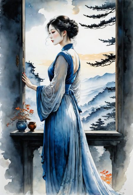 masterpiece, best quality, 8k, HDR, RGB, oil paints, watercolor, ink,
Minimalist ink painting, ghost of a woman at a window, inspired by the approaches of artists such as Takato Yamamoto and Jean-Baptiste Monge, refined contours emphasized by intricate line drawings, with white highlights delicately blending with a harmonious palette of sensual shades, as if encapsulating the figure with hair . rustling in the wind, a clear homage to Tomer Hanukkah's ukiyo-e style, expressive elements that take inspiration from formal art, subtly touching on darker shades.
Bastien Lecouf-Degarme, Carn Griffiths, E. Abramzon, Raphael, Caravaggio,
