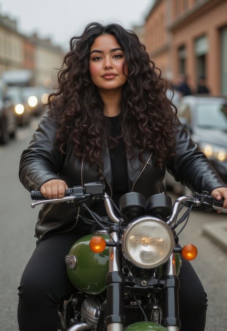 FictionalVera,a chubby homely latina woman, long curly hair, wearing a leather jacket and sitting on a green motorcycle